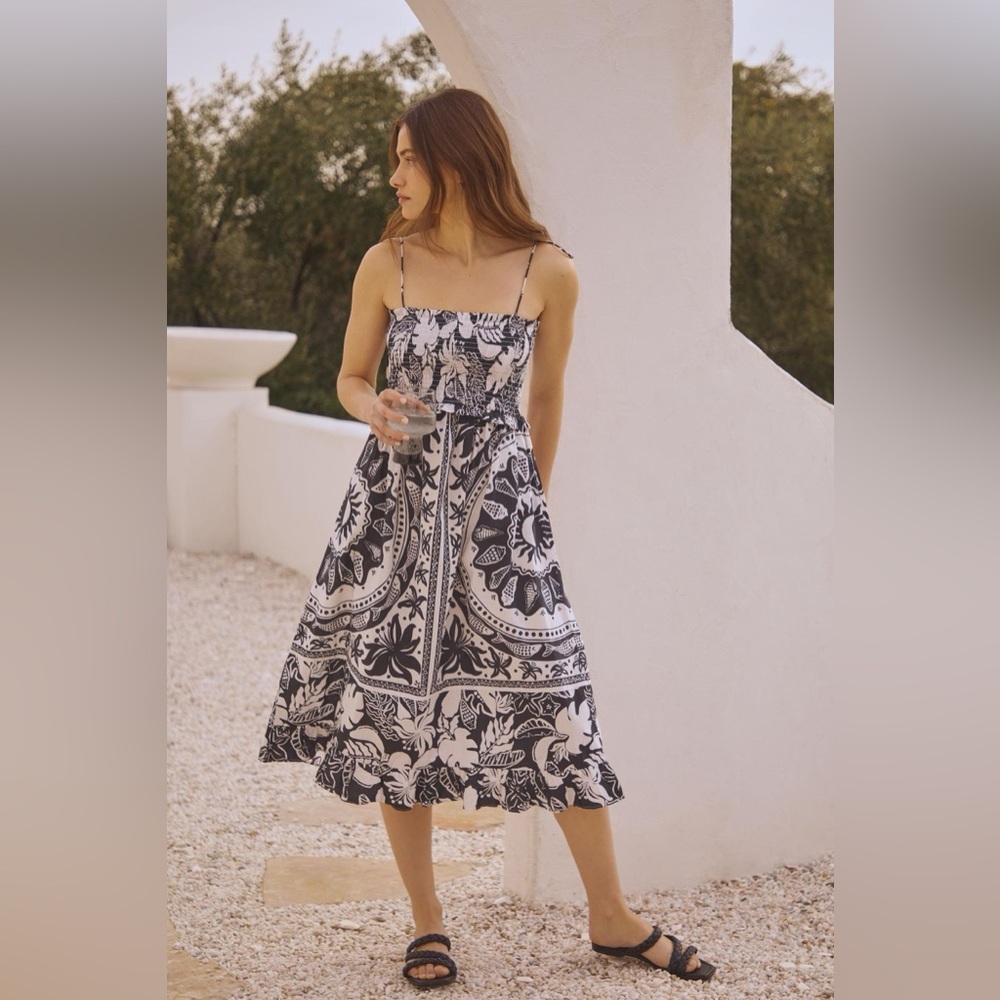 FARM Rio Black and White Printed Midi Sundress